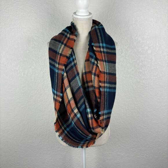 Essential Fall Plaid Infinity Blanket Scarf Blue Orange Brown Closet‎ Staple - Picture 1 of 8